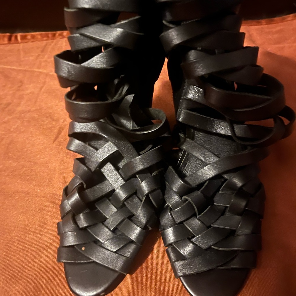 Leather Black Wedge Sandals